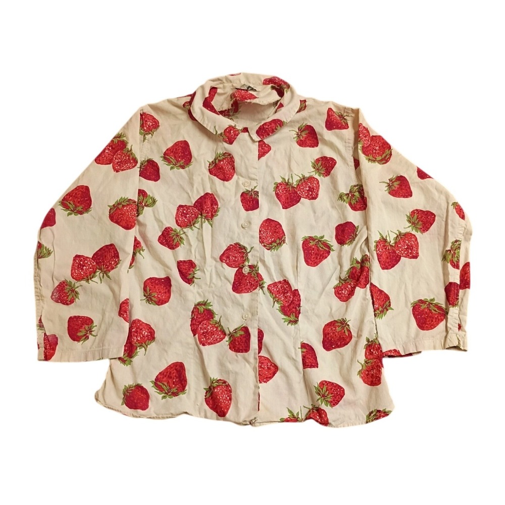 The Villager Strawberry Print Shirt Womens M Cream Red Vintage Cottagecore Top